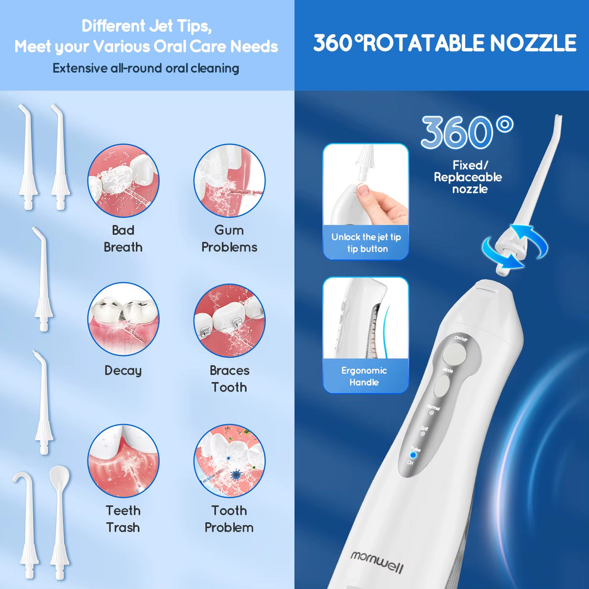 D52 Portable Cordless Water Flosser - USB Rechargeable with 6 Jet Tips, 300ML Tank & 3 Cleaning Modes for Ultimate Oral Hygiene on the Go